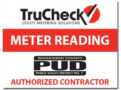 TruCheck vehicle signage says in black, red, and white text "TruCheck Utility Metering Solutions, Meter Reading, Authorized Contractor" with the Snohomish County PUD logo