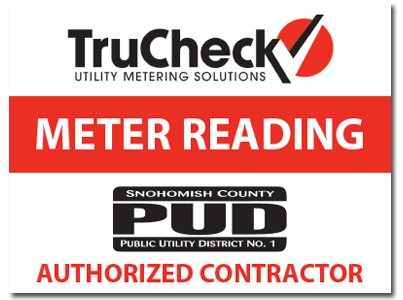 Calaamadda baabuurta ee TruCheck waxay ku qoran tahay qoraal madow, guduud, iyo caddaan ah "TruCheck Utility Metering Solutions, Meter Reading, Contractoral Idman" oo leh astaanta PUD ee Degmada Snohomish