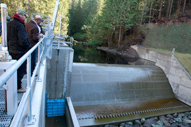 Youngs Creek Hydro Project intake sluice gate and overflow spillway