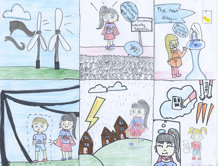 Graphic panels feature young girl celebrating energy