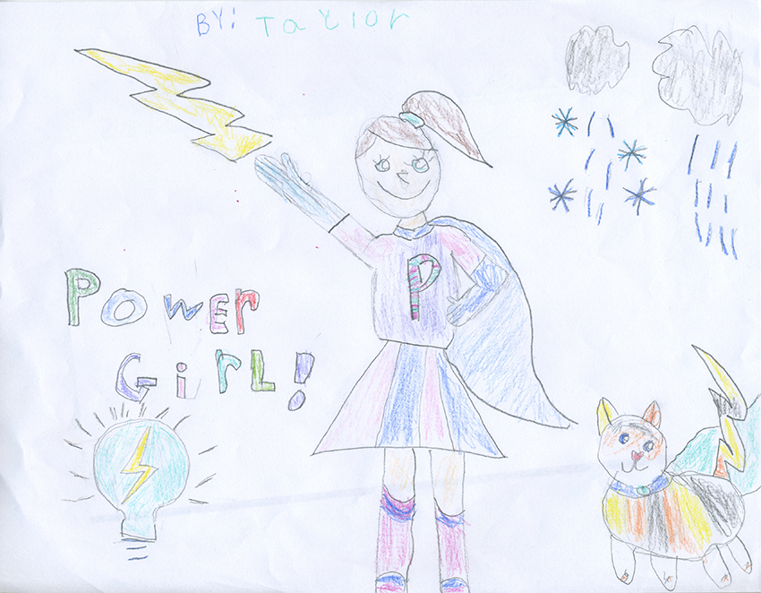 Power Girl throws lightning bolt with cat mascot