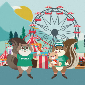 Mascot squirrels at fair with treats in hand and rides in background