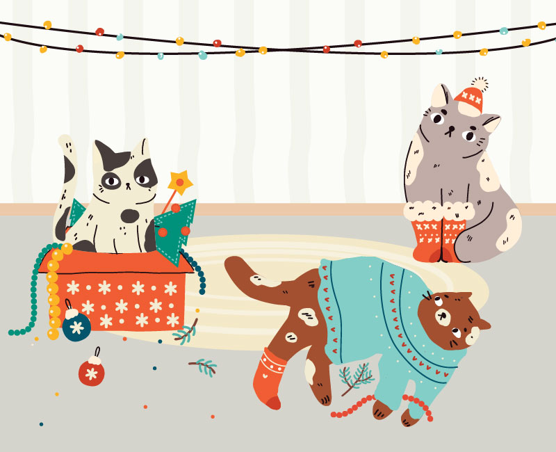 Charming illustration of three cats dressed in holiday garb playing with ornaments