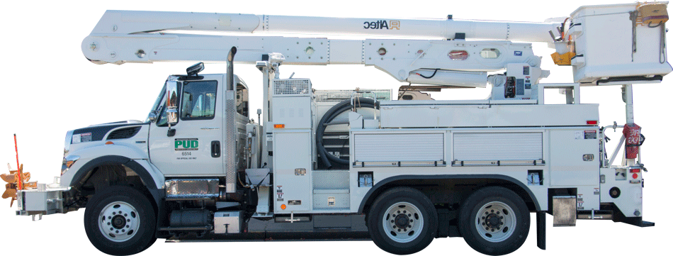 Utility line truck, truck with bucket for reaching high lines