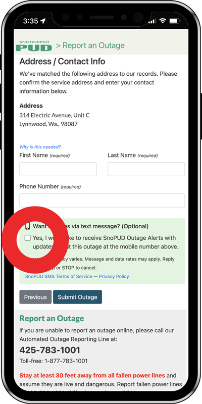 Image of cellphone with text opt-in circled