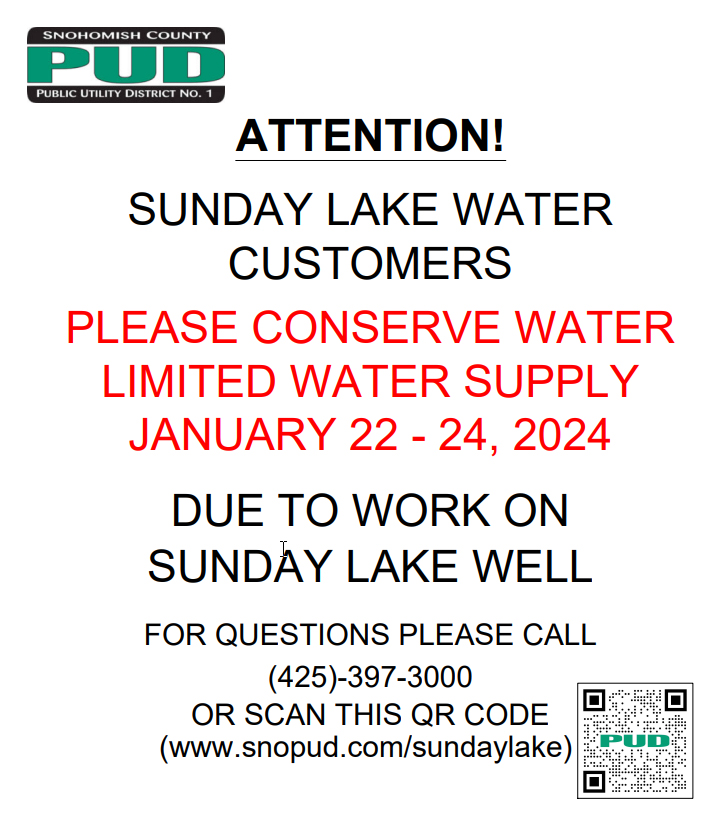 signage reading Attention Sunday Lake Water Customers please conserve water limited water supply Jan. 22-24, 2024 due to work on Sunday Lake Well