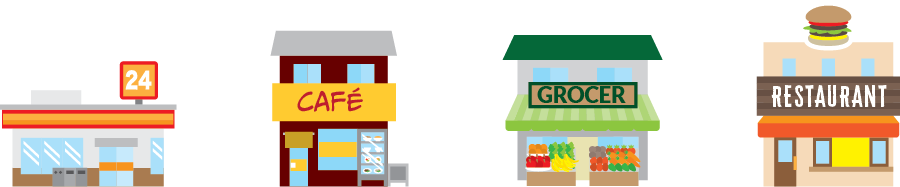 Small businesses including a cafe, grocer, convenience store and restaurant