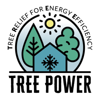 TREE パワー プログラムのロゴは、そびえ立つ木々によって家が涼しく保たれている様子を示しています