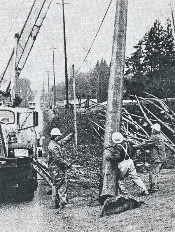 Workers building a power line to the Sultan River Hydroelectric Project.