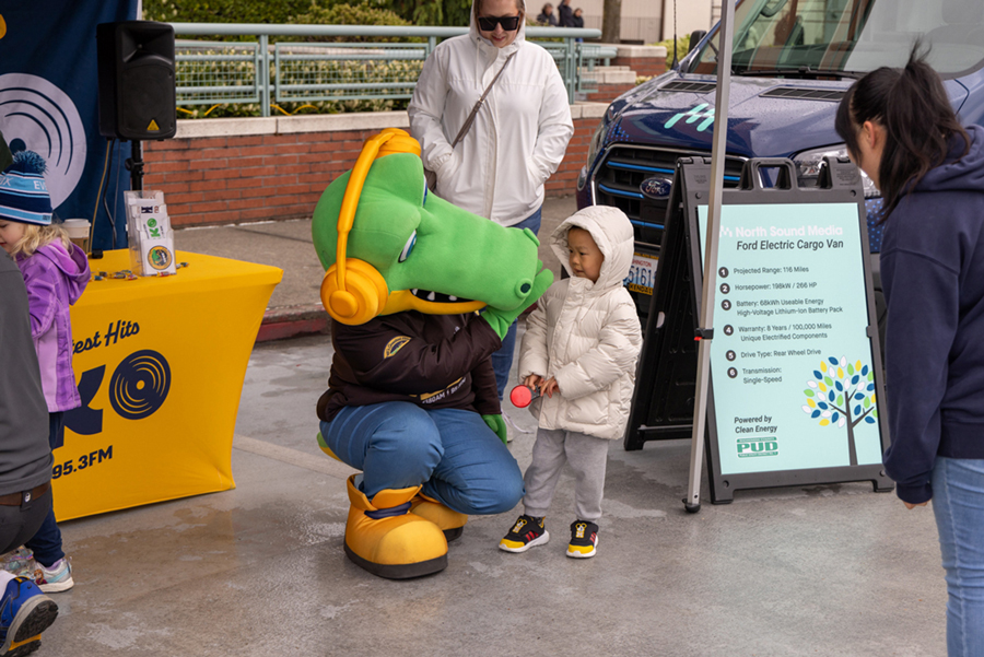 KRKO mascot crocodile chatting with a child