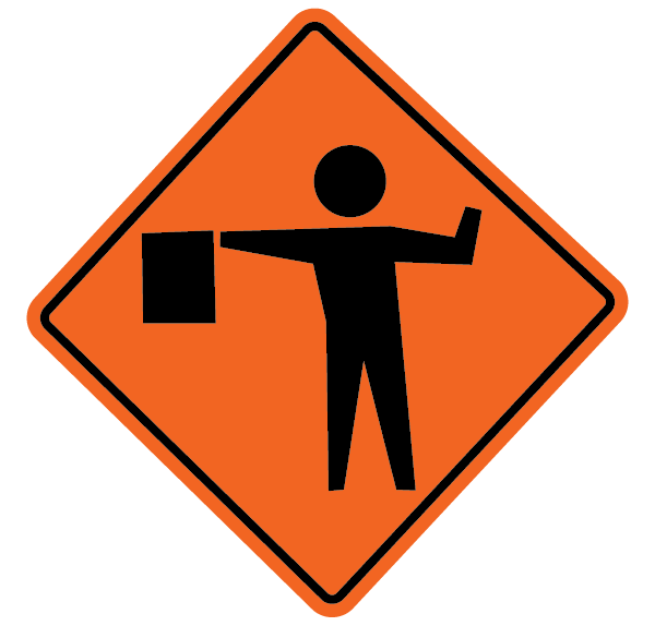 Flagger ahead orange warning sign