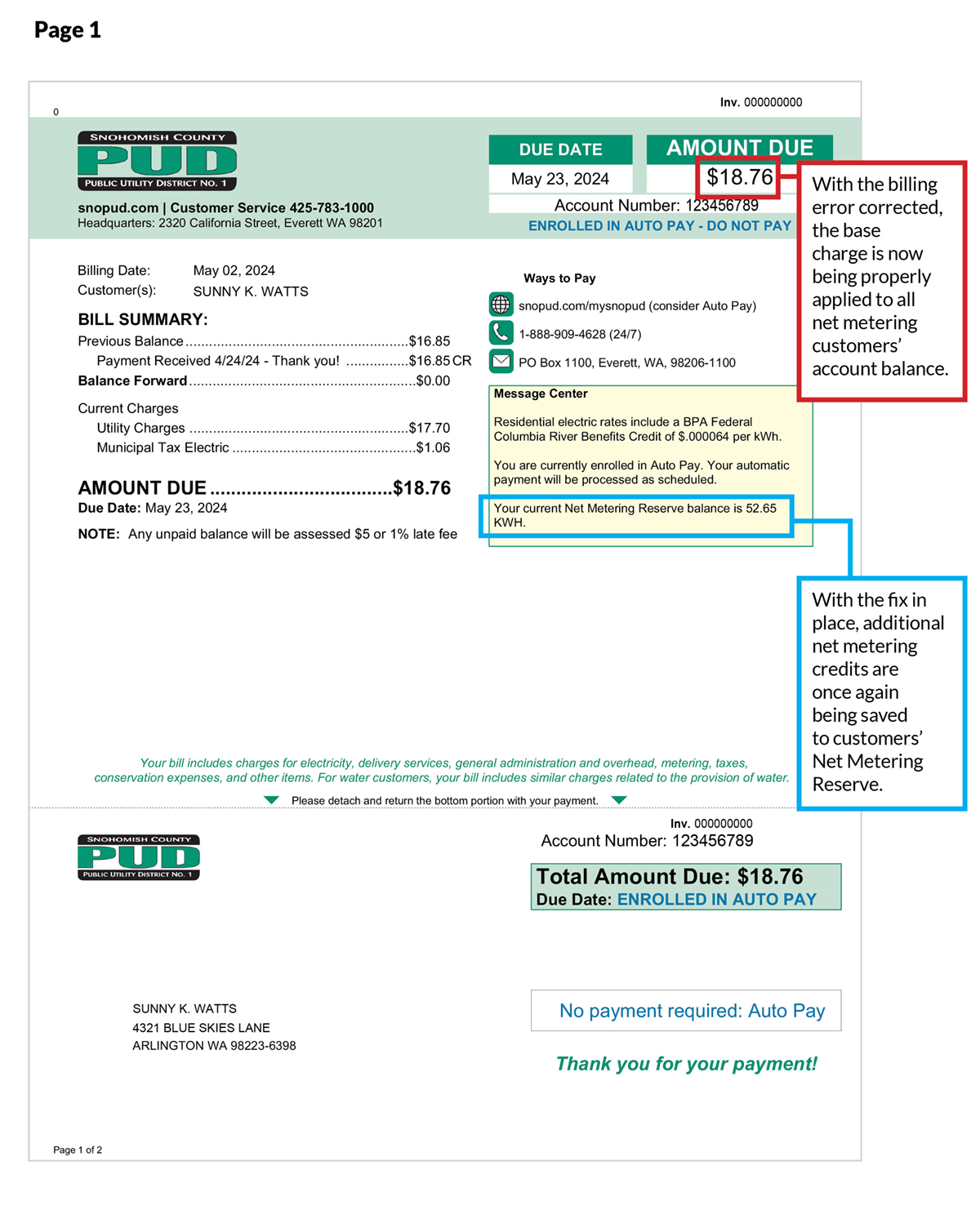 Image of front of PUD bill marked up to explain various sections