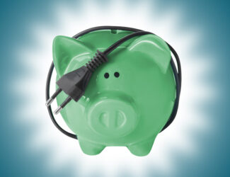 Income qualified piggy bank with electrical cord tail on blue background