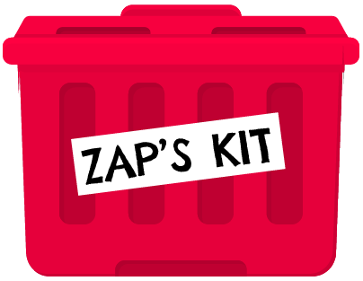 A stout red bin that says "Zap's Kit" on the outside
