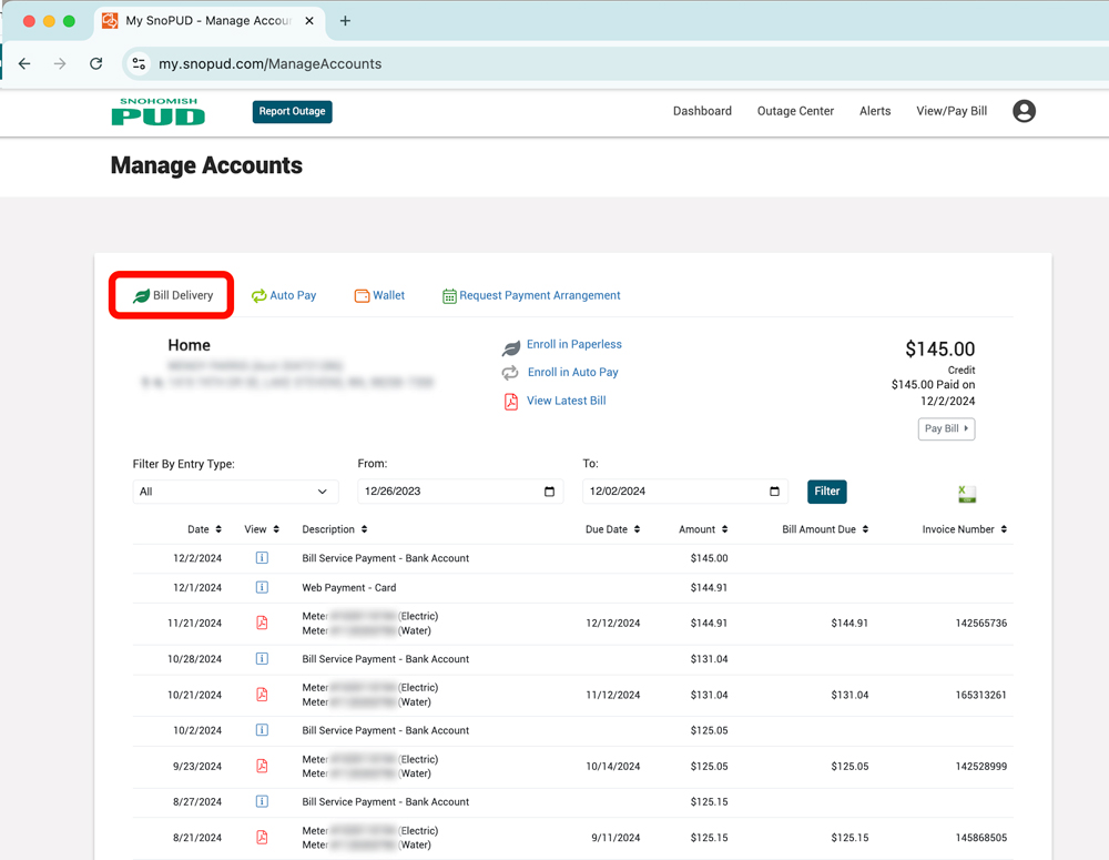 MySnoPUD page image showing how to access "Bill Delivery"