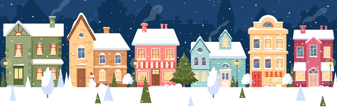 Line of cozy houses on winter evening