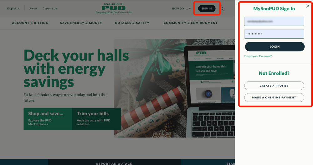 Image showing log in to MySnoPUD from home page