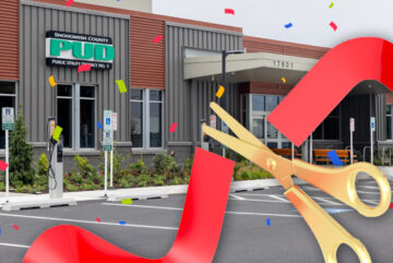 Golden scissors cutting red ribbon in front of North County Office