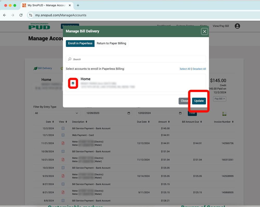 Image showing MySnoPUD interface, click here to select account for paperless