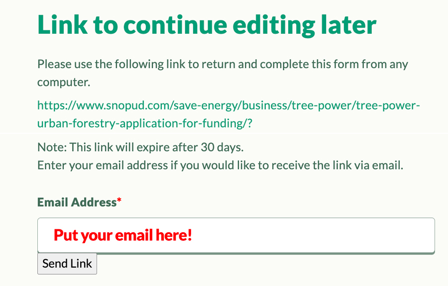Screen shot of interface showing where to enter email to save form for later