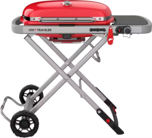 A shiny red barbecue that folds down for easy storage