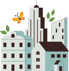 Set of buildings of all different sizes with trees and butterfly above