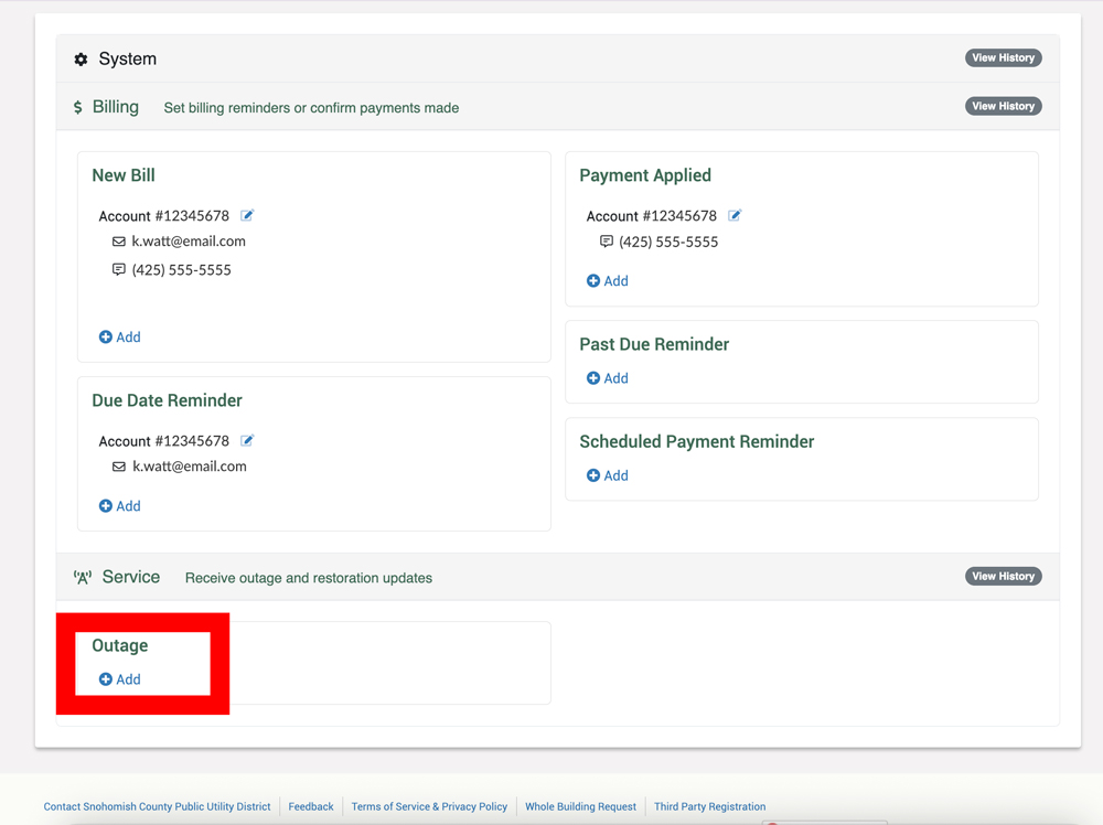 MySnoPUD screen shot showing location of Outage Alerts link