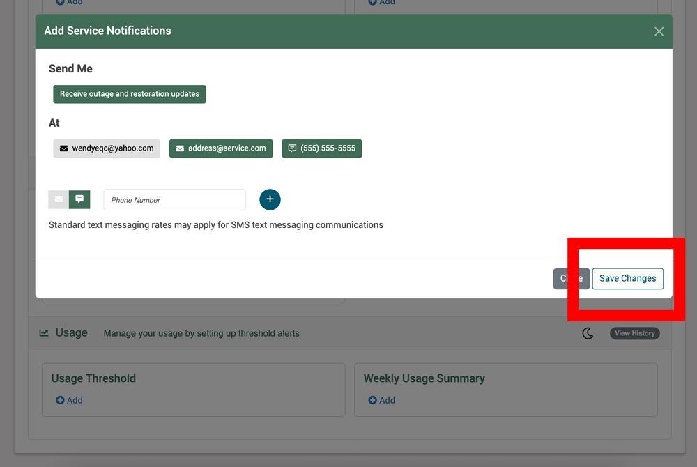 MySnoPUD alerts sign up window highlighting save changes button