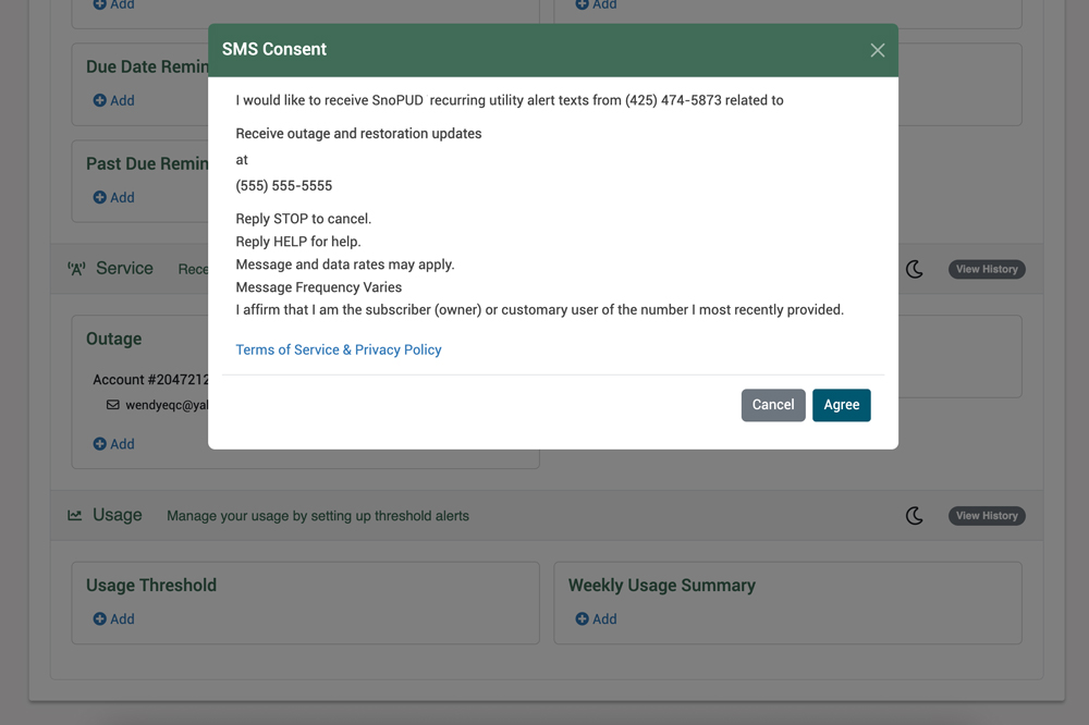 MySnoPUD pop up showing SMS (text messages) consent window