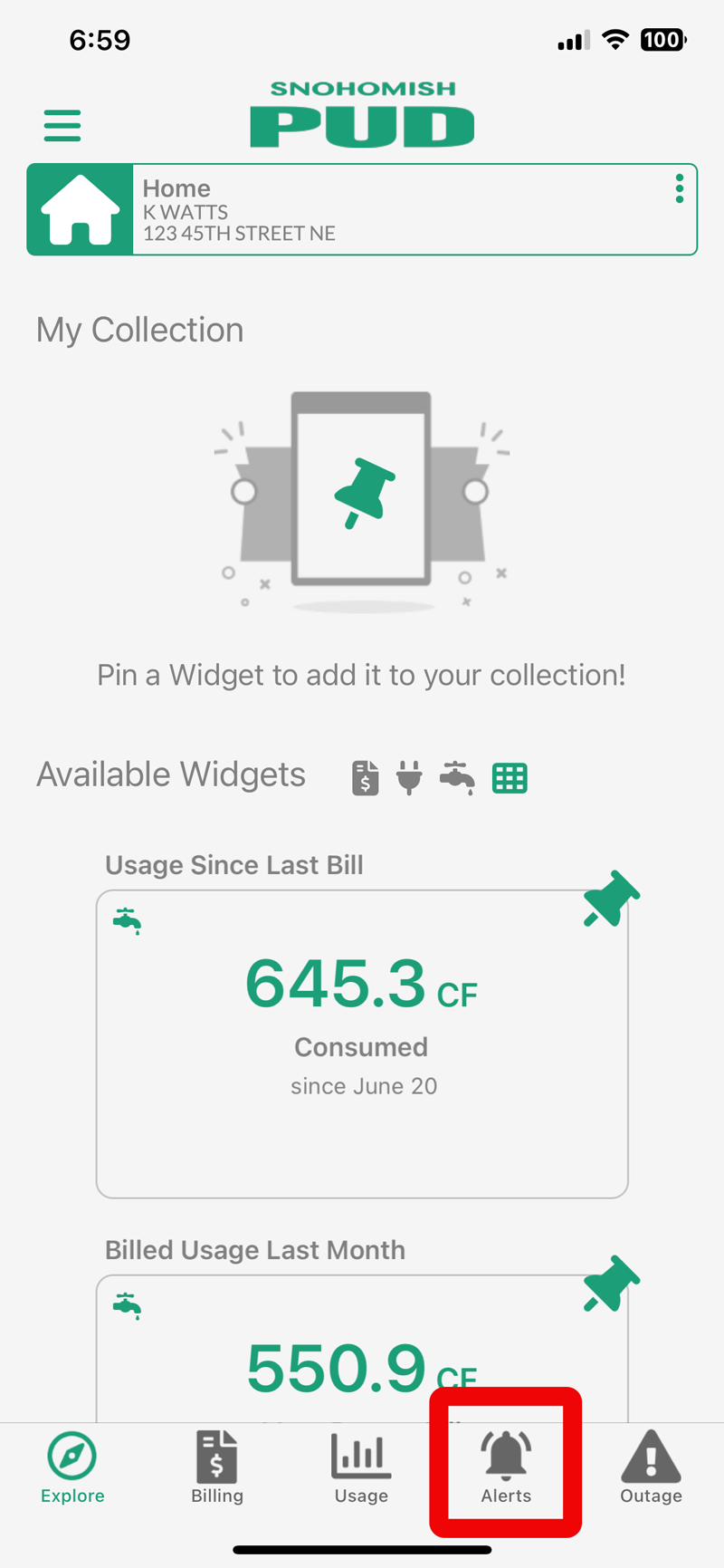 Screen shot of landing page of MySnoPUD app with alerts link highlighted