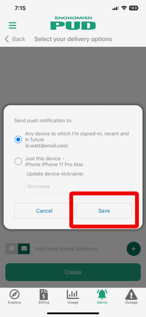 Screen shot of MySnoPUD showing Save button for Alert preference change