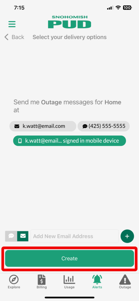 Screen shot of MySnoPUD app showing Create button circled for push notifications