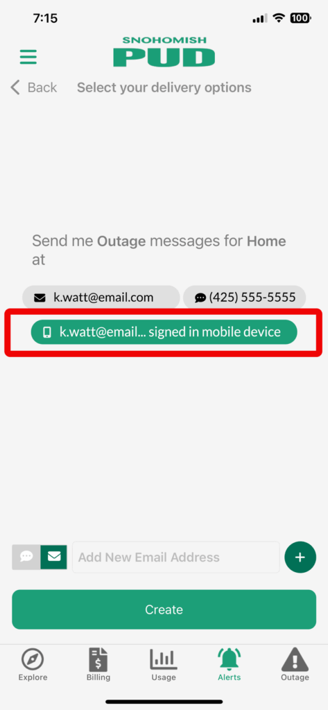Screen shot of MySnoPUD app showing device selected for push notifications