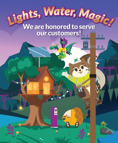 Lights, Water, Magic image with squirrel lineworker dragon and treehouse