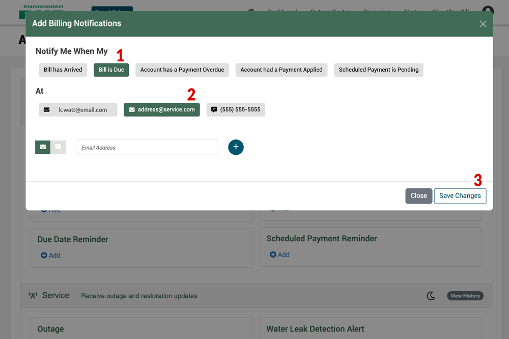 Screen shot showing MySnoPUD panel with multiple alerts available