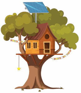 Squirrel house in oak tree with solar panel cartoon