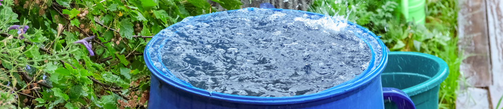 A rain barrel being dappled with fresh raindrops, a green garden can be see in background