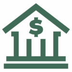 Icon of bank, solid building with dollar sign