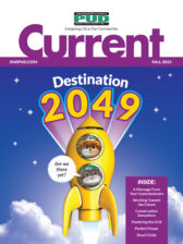Destination 2049 cover of Fall 2025 Current edition with rocket showing Zip and Zap in the windows and Zap saying 