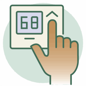 Icon of hand reaching to adjust digital thermostat reading 68 degrees
