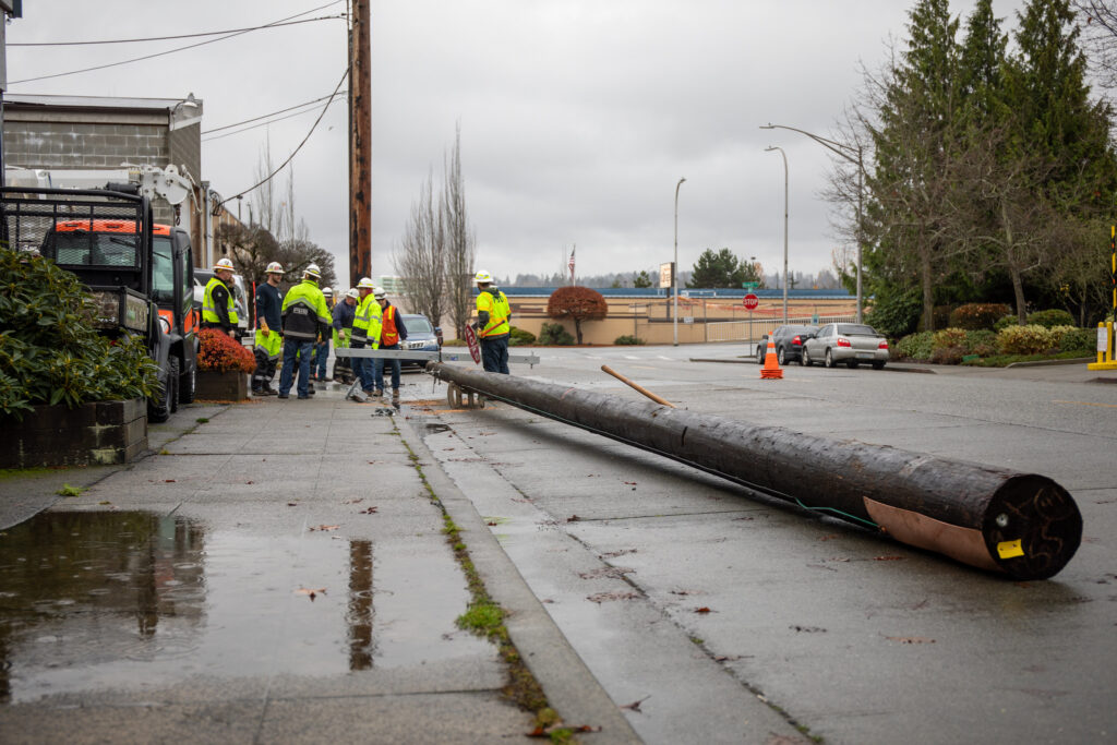 Photos of PUD crews replacing an aged pole in downtown Everett. The new pole rests in the street before being installed.