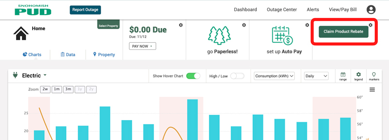 MySnoPUD interface with Claim Product Rebate button