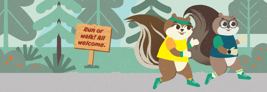 Zip and Zap wearing workout gear and running on trail