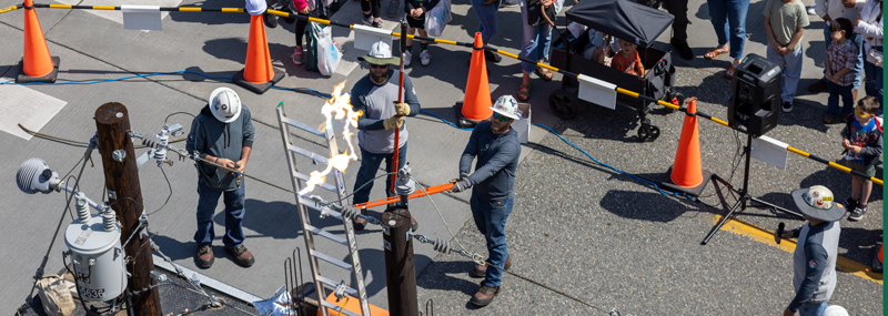 The Arc demonstration trailer as viewed from above as a utility crew creates a large electrical arc