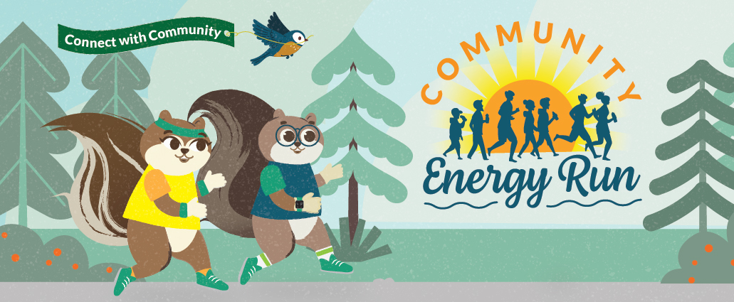 Banner shows Zip and Zap squirrel mascots running and Community Energy Run logo
