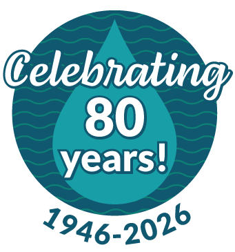 Celebratory water drop icon for 80 years of Water Utility work