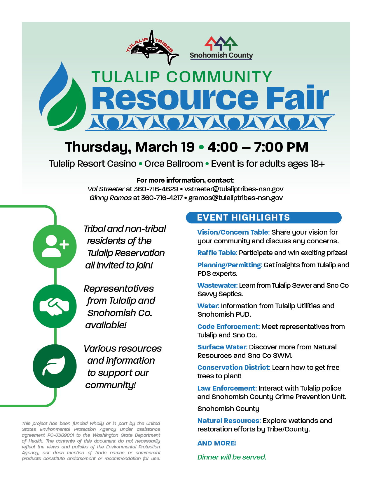 A promotional flyer titled “Tulalip Community Resource Fair” with logos for the Tulalip Tribes and Snohomish County at the top. The event is scheduled for Thursday, March 19, from 4 to 7 PM at the Tulalip Resort Casino in the Orca Ballroom, for adults ages 18 and older. A side graphic highlights that tribal and non-tribal residents are invited, with representatives from Tulalip and Snohomish County available and various resources offered. An“Event Highlights” section lists topics including vision/concern table, raffle table, planning and permitting, wastewater, water services, code enforcement, surface water, conservation, law enforcement, natural resources, and more. The flyer states dinner will be served.