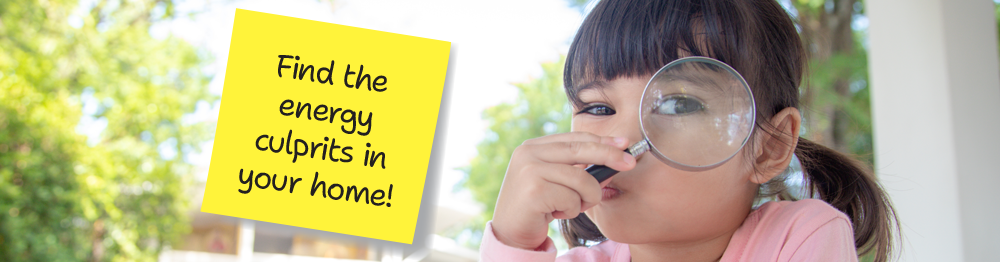 Little girl with pigtail looks through magnifying glass, a brightly lit home is through a garden behind her. Image says "Find the Energy Culprits in Your Home!"