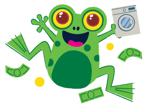 The bright green rebate frog and his mesmerizing eyes leaps for joy as he celebrates a washing machine rebate