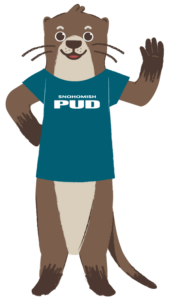 Adorable sketch of Splash, the PUD water otter waving 